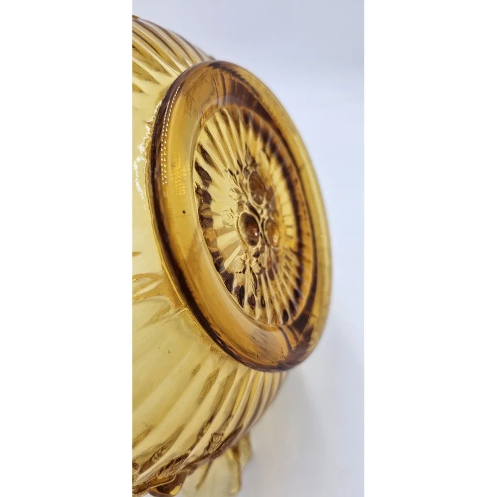 Vintage Amber Pressed Glass Basket Ruffled Edges Roses Applied Handle